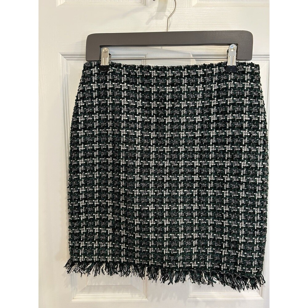Women's Eliane Rose Green Metallic Tweed Fringe Skirt Sz 2